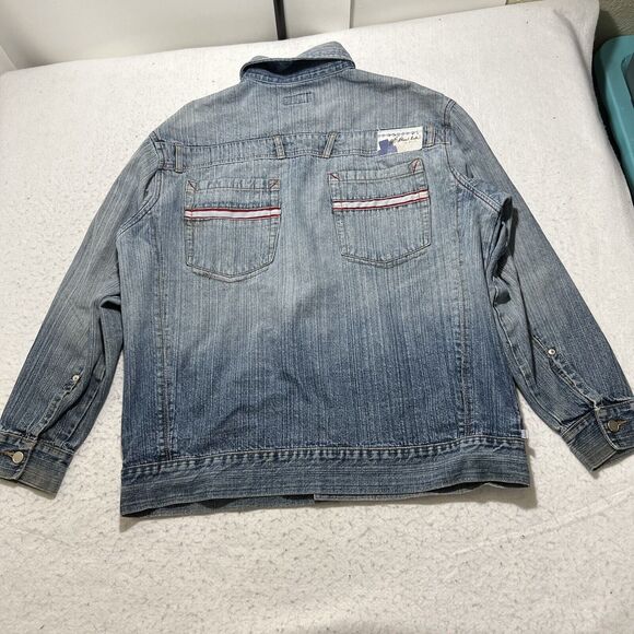 GB Black Label Men's Large Denim Jean Jacket Light Blue Distressed Metal Buttons - Picture 9 of 12